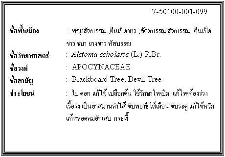 กล่องข้อความ: 7-50100-001-099 ชื่อพื้นเมือง : พญาสัตบรรณ ,ตีนเป็ดขาว ,สัตตบรรณ สัตบรรณ ตีนเป็ดขาว ชบา ยางขาว หัสบรรณ ชื่อวิทยาศาสตร์ : Alstonia scholaris (L.) R.Br. ชื่อวงศ์ : APOCYNACEAE ชื่อสามัญ : Blackboard Tree, Devil Tree ประโยชน์ : ใบ ดอก แก้ไข้ เปลือกต้น ใช้รักษาโรคบิด แก้โรคท้องร่วงเรื้อรัง เป็นยาสมานลำไส้ ขับพยาธิไส้เดือน ขับระดู แก้ไข้หวัด แก้หลอดลมอักเสบ กระพี้